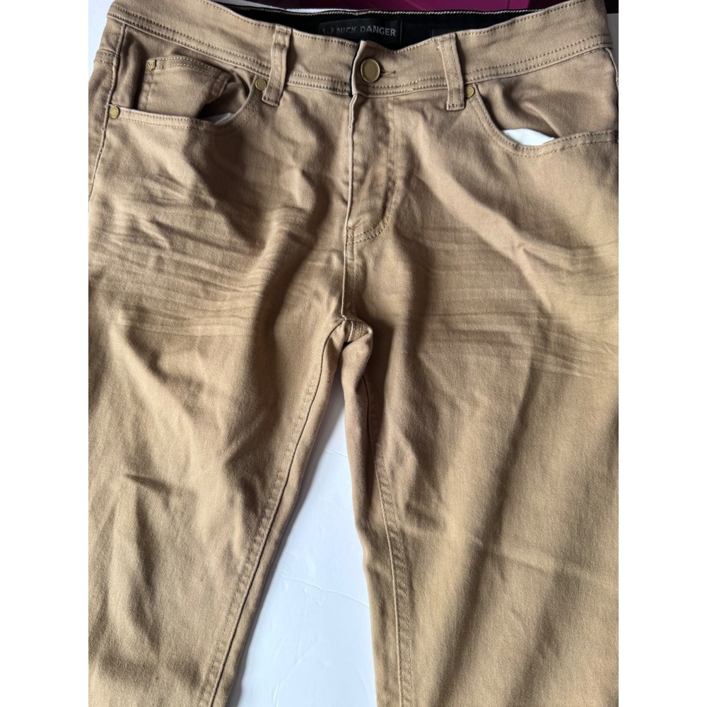 Nick Danger Mens Slim Fit Tan Khaki Pants Black Pocket Detail W32 L32